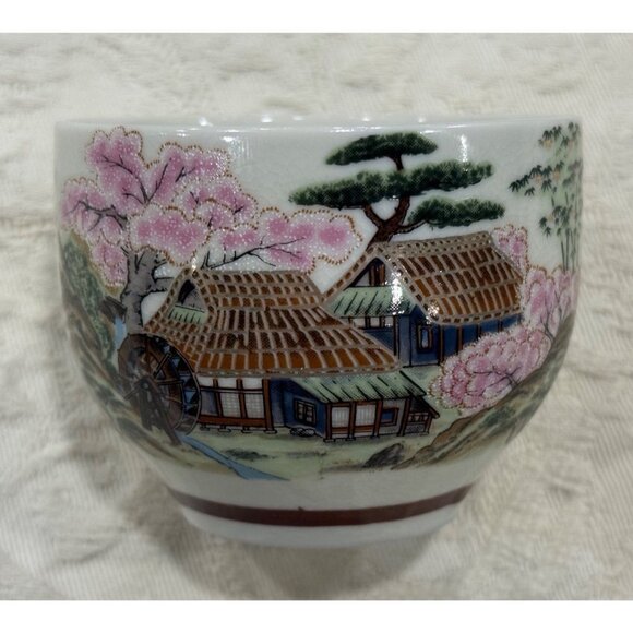 Vintage Japanese Tea Set With Scenic Hand-Painted Village & Cherry Blossoms - Picture 4 of 10
